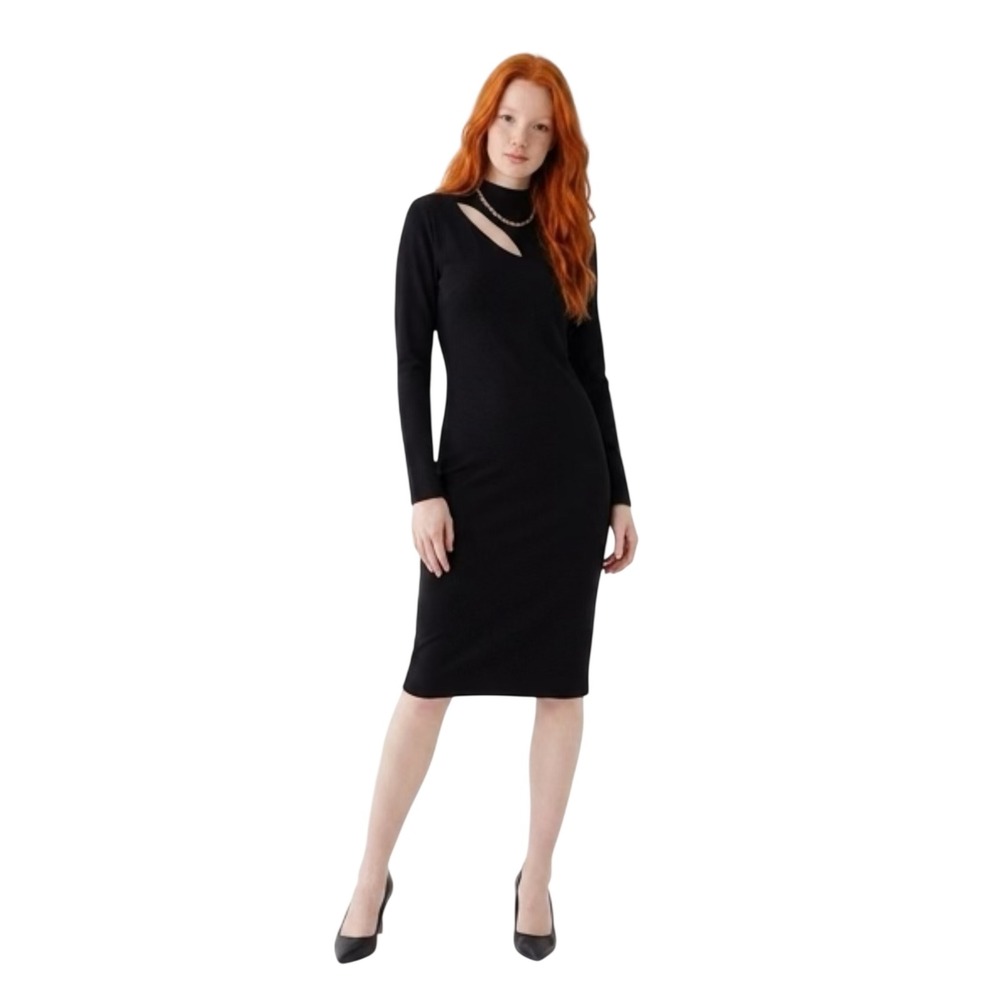 Halogen Womens Black Mock Neck Cutout Long Sleeve Midi Bodycon Dress Medium